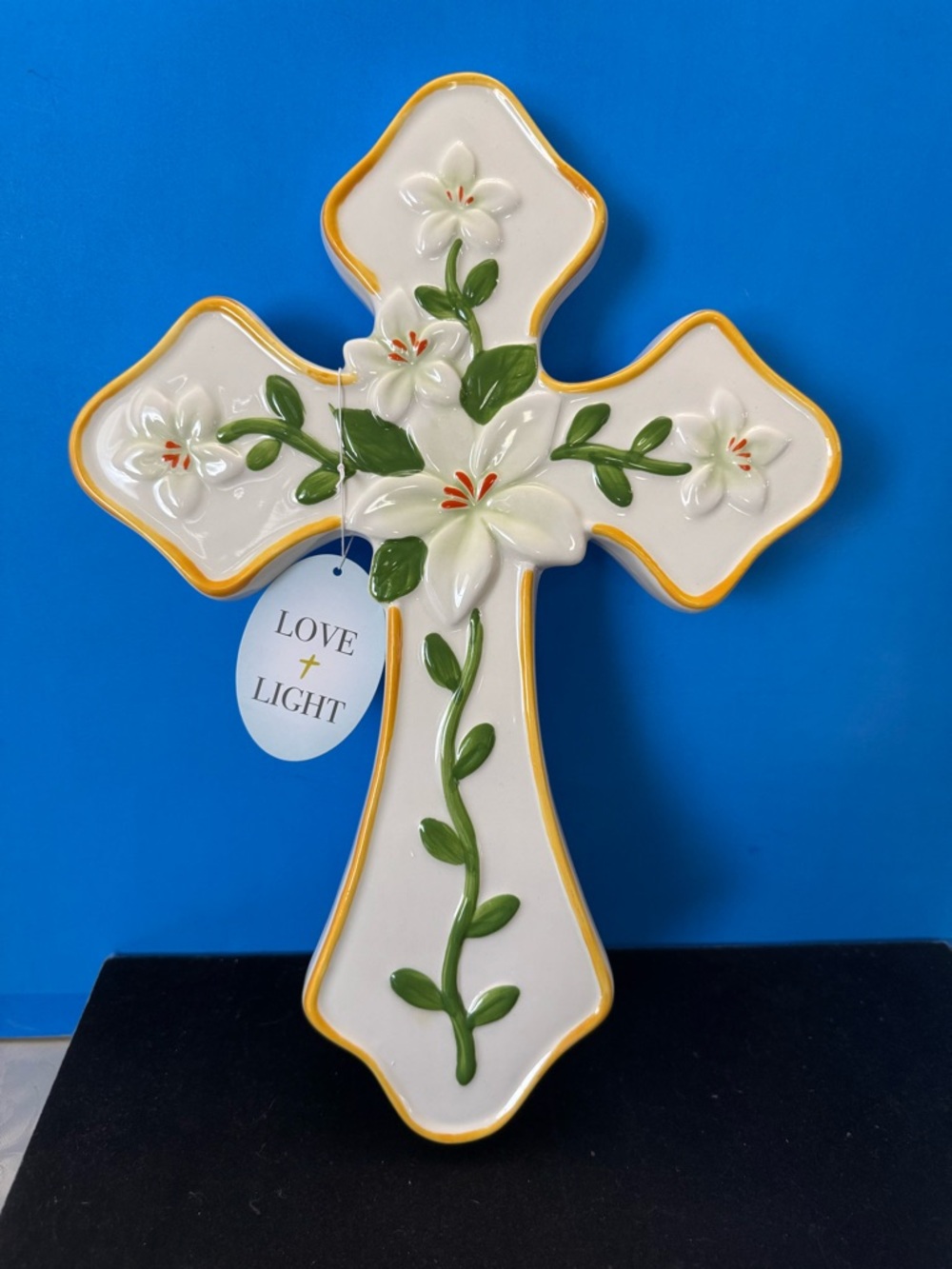Love + Light White Ceramic Floral Cross Wall Decor